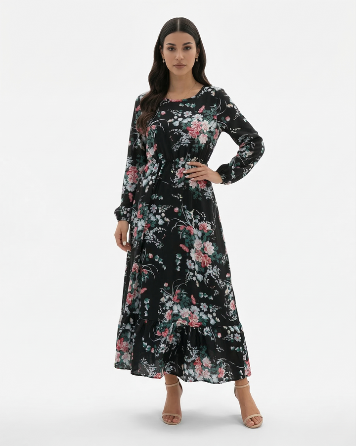 Elise Mode Dames Bloemen Maxi Jurk Lange Mouwen in Zwart en Groen