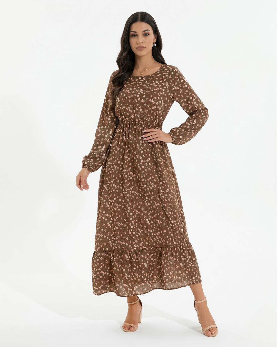 Elise Mode Dames Bloemen Maxi Jurk Lange Mouwen in Bruin