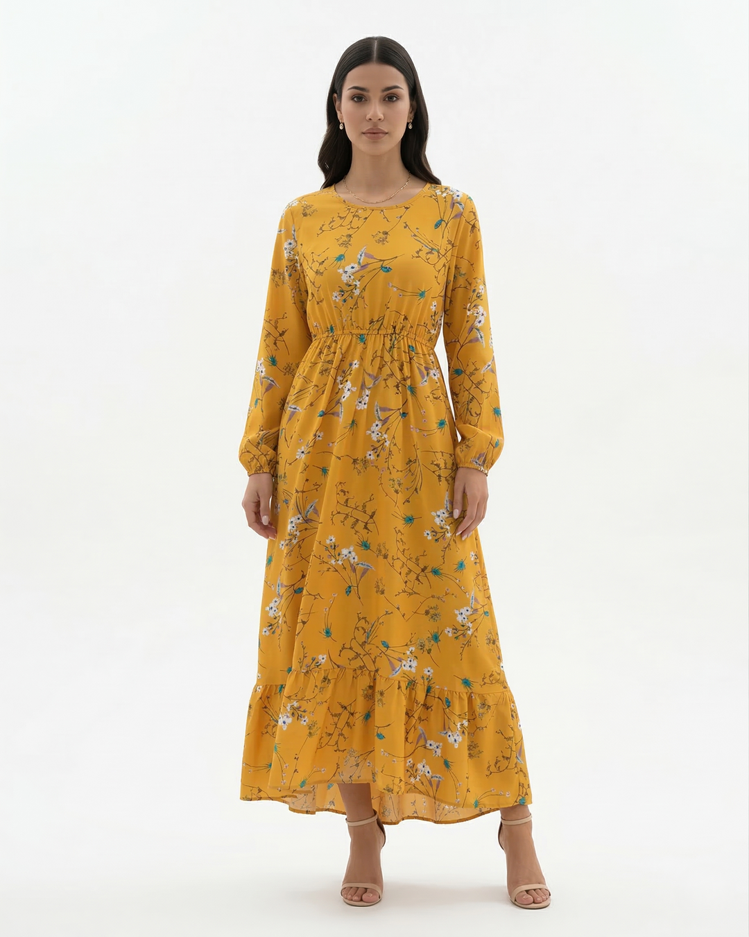 Elise Mode Dames Bloemen Maxi Jurk Lange Mouwen in Geel