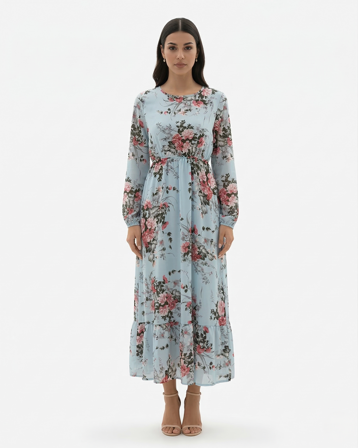 Elise Mode Dames Bloemen Maxi Jurk Lange Mouwen in Blauw en Roze