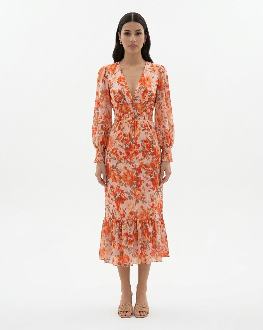 Elise Mode Dames Bloemen Midi Jurk Gesmockte Taille in Oranje