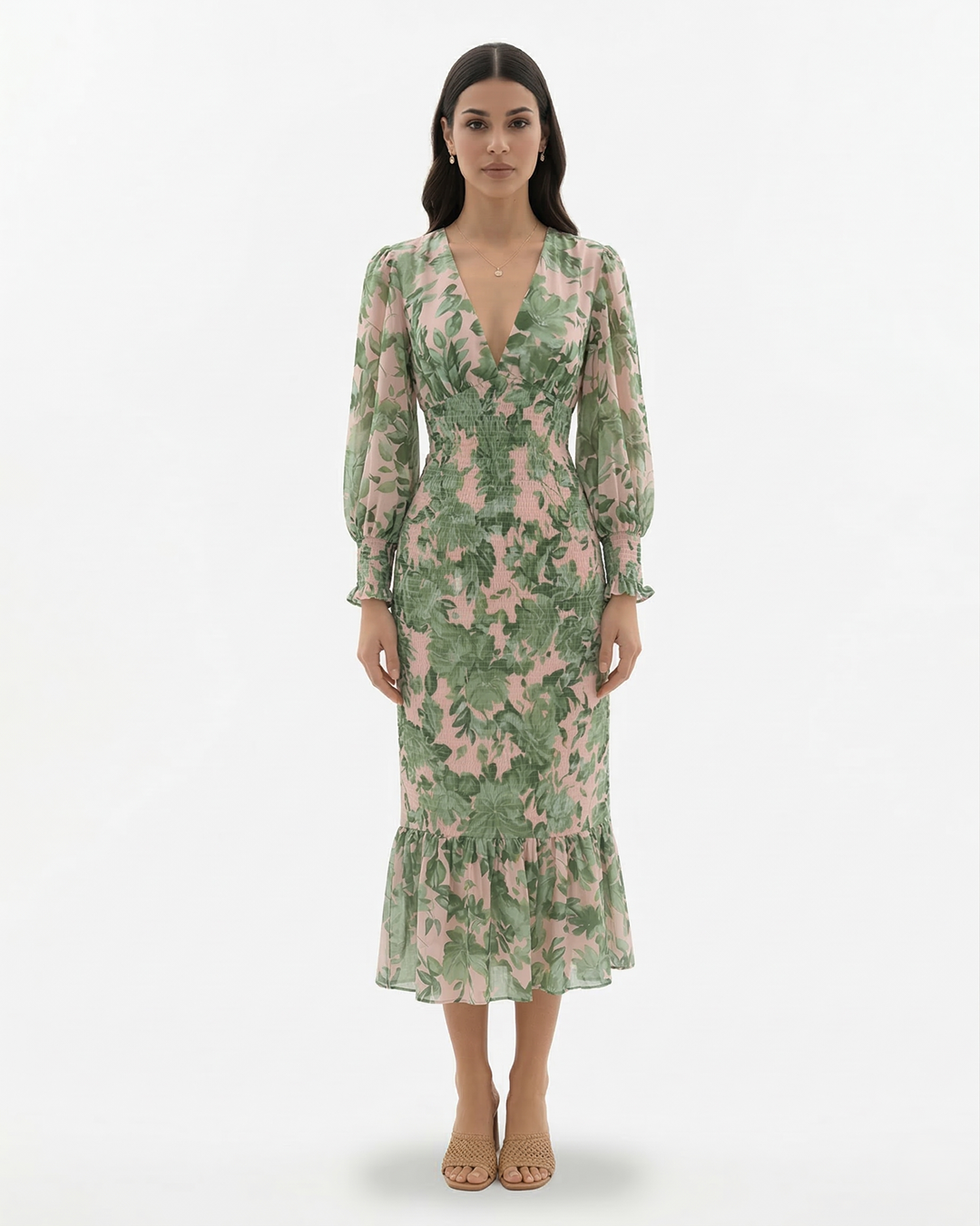 Elise Mode Dames Bloemen Midi Jurk Gesmockte Taille in Groen