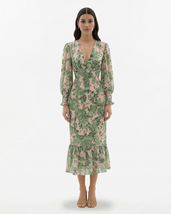 Elise Mode Dames Bloemen Midi Jurk Gesmockte Taille in Groen