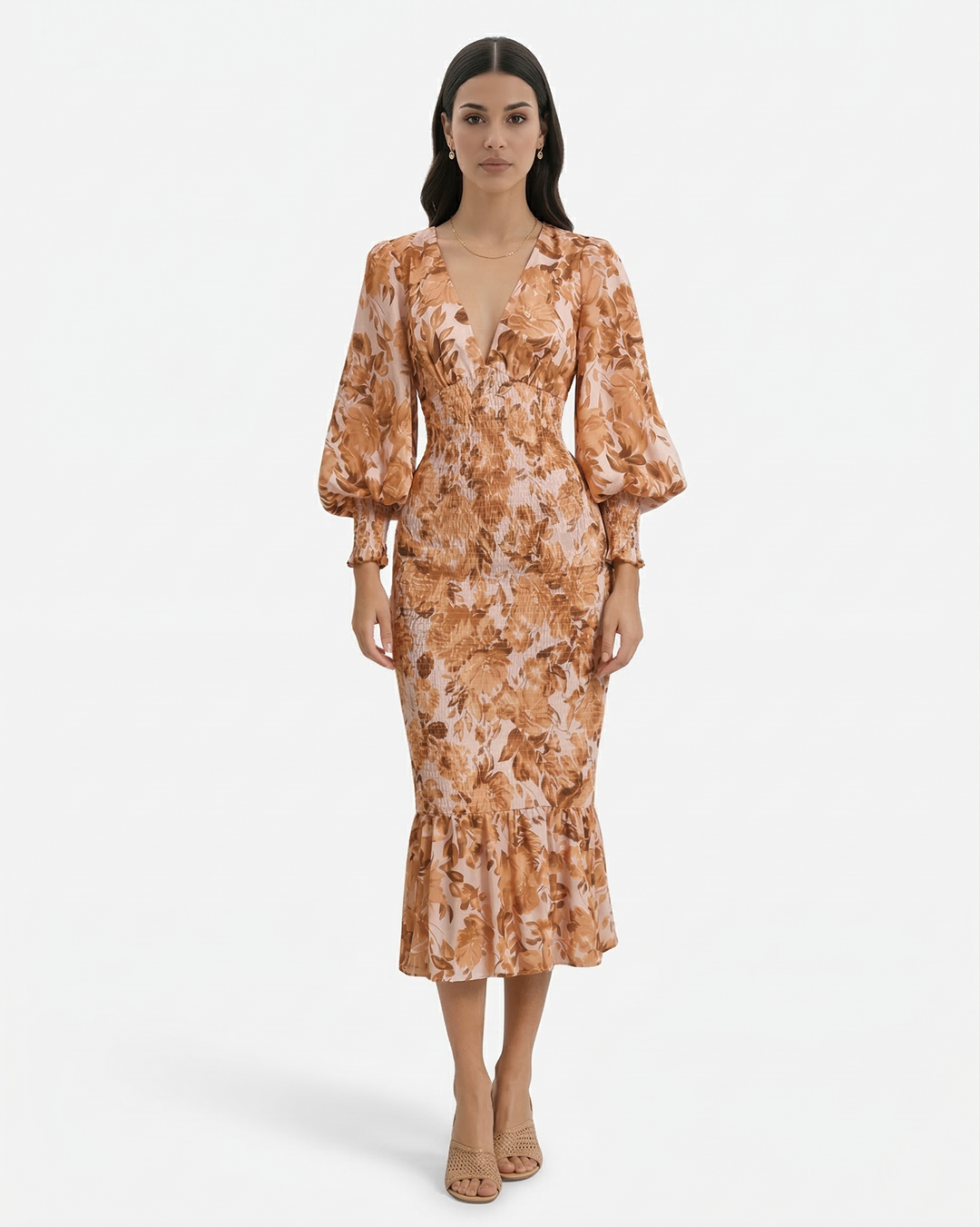 Elise Mode Dames Bloemen Midi Jurk Gesmockte Taille in Khaki