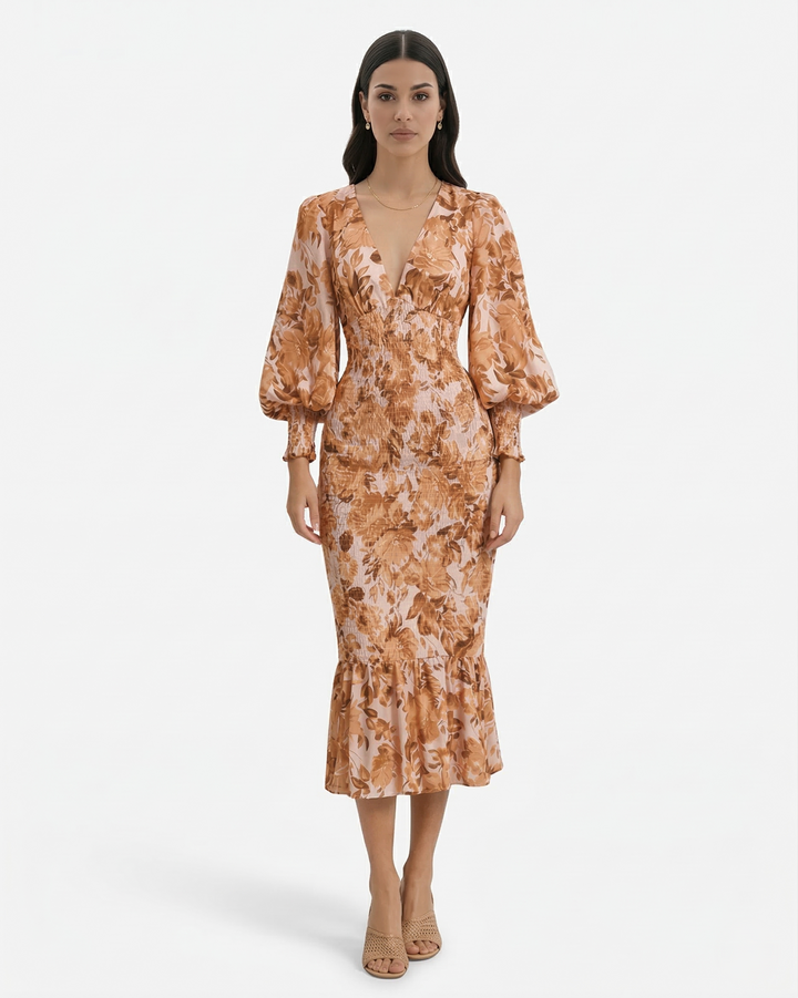Elise Mode Dames Bloemen Midi Jurk Gesmockte Taille in Khaki