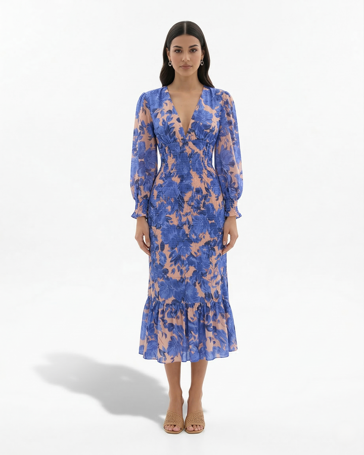 Elise Mode Dames Bloemen Midi Jurk Gesmockte Taille in Blauw