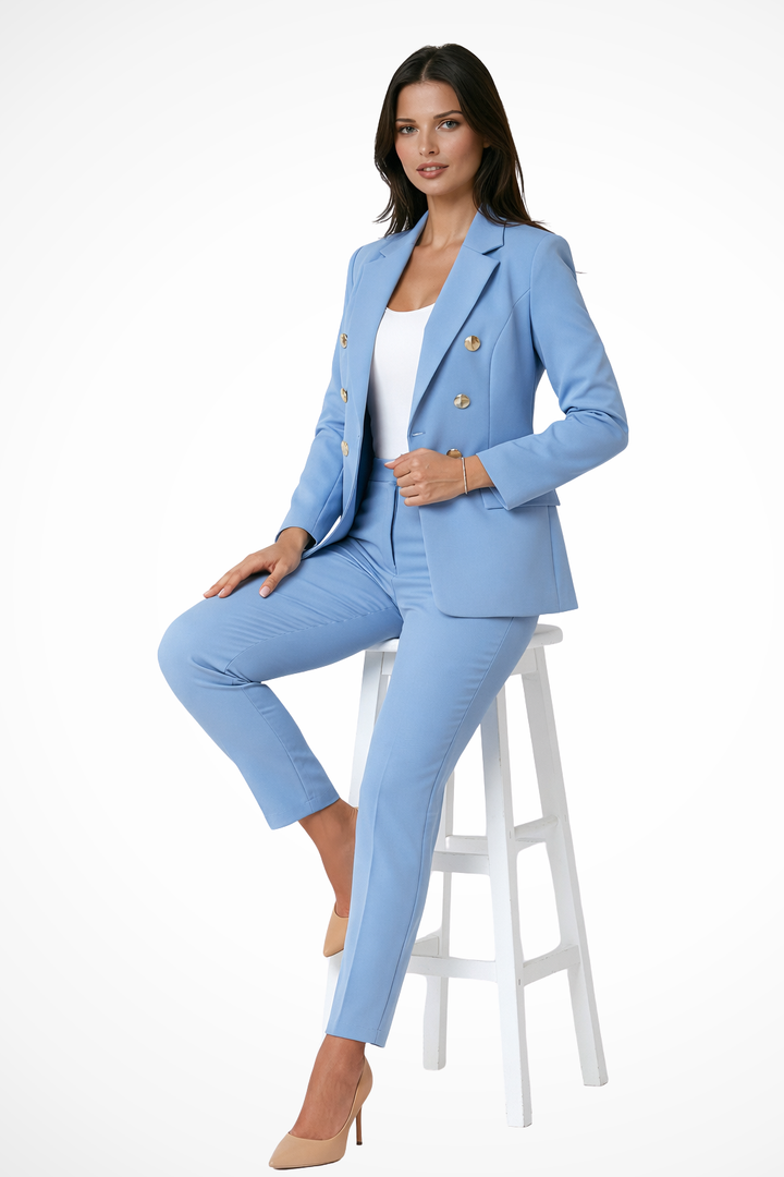 Elise Mode Dames Blazer Broekpak Getailleerd in Hemelsblauw