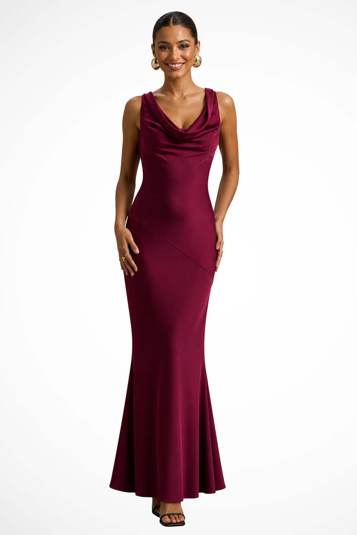 EliseMode Satijnen Cowl Maxi Jurk in Red Rose