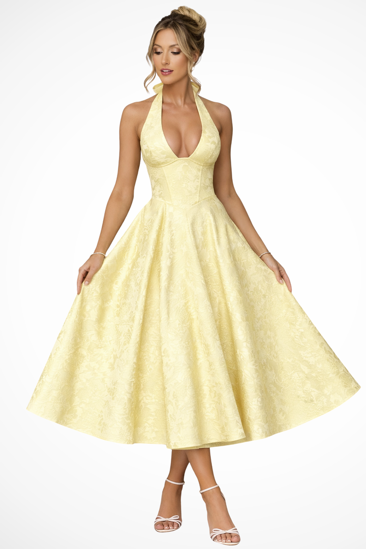 Elise Mode Halter Corset Midi Jurk in Yellow