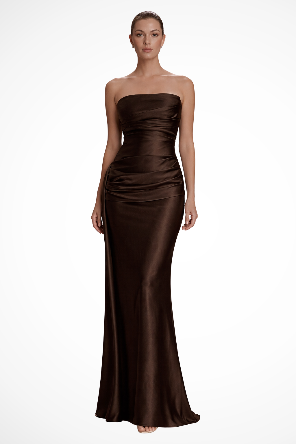 Elise Mode Dames Satijnen Strapless Maxi Jurk in Bruin