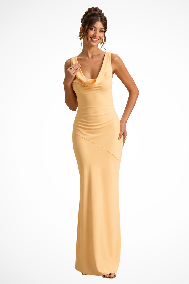 EliseMode Satijnen Cowl Maxi Jurk in Yellow