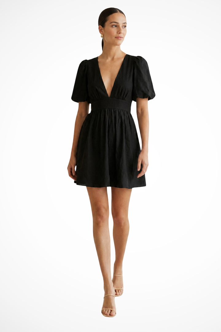 Elise Mode Dames Relaxed Linnen Mini Jurk in Zwart