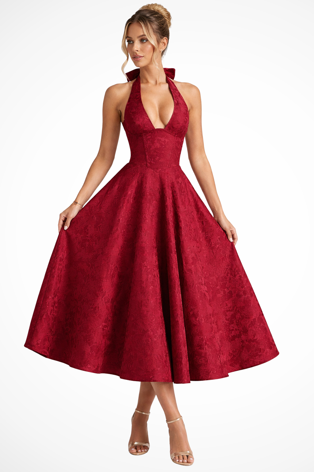 Elise Mode Halter Corset Midi Jurk in Red