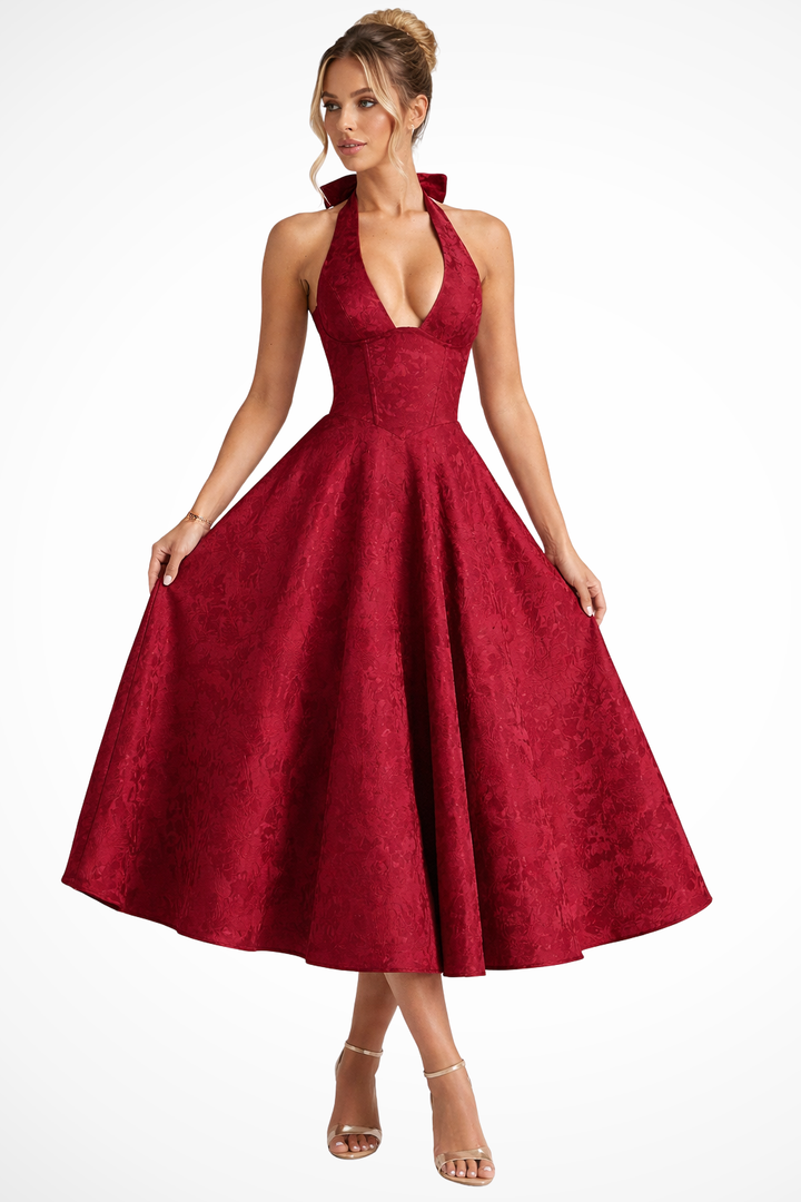 Elise Mode Halter Corset Midi Jurk in Red