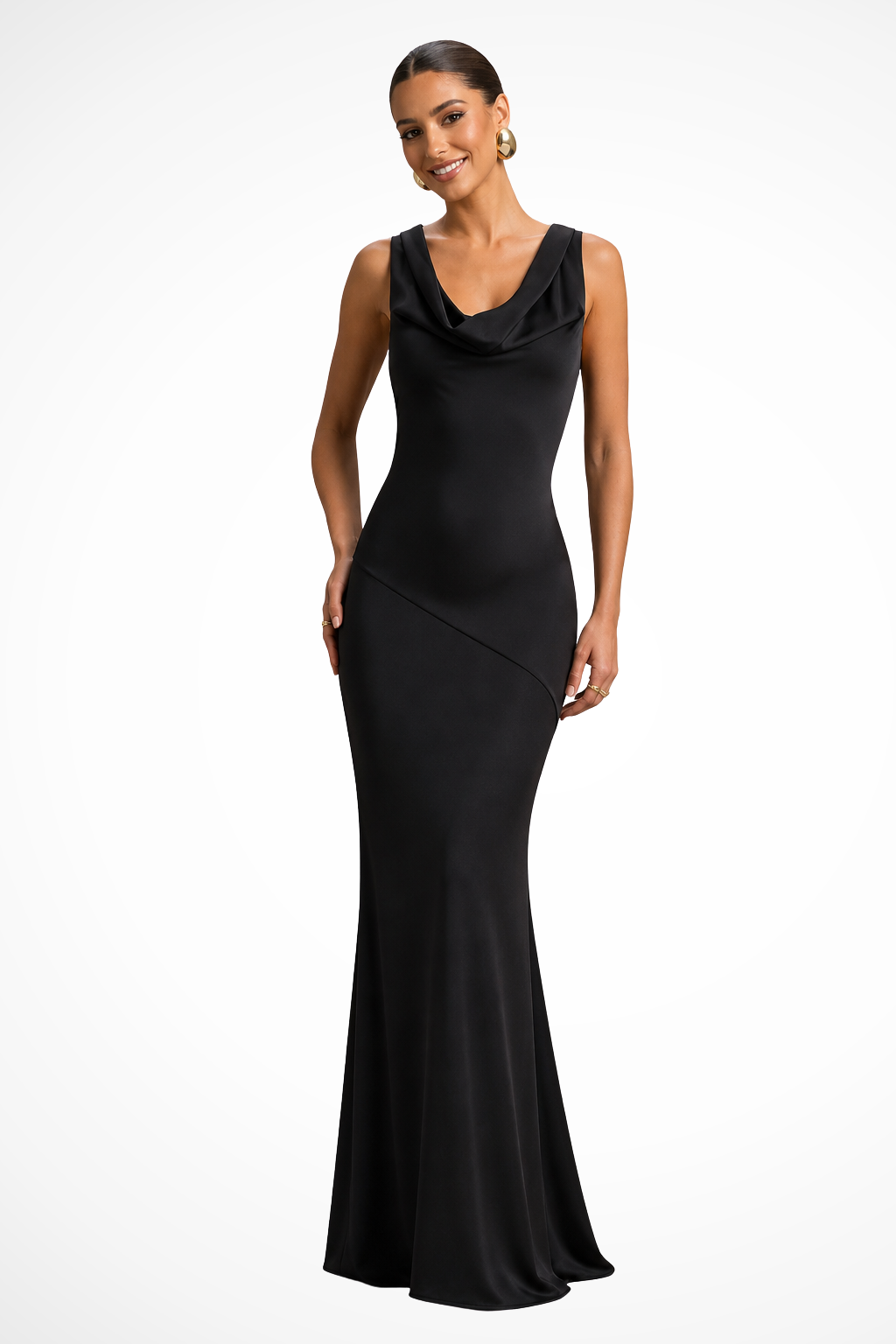 EliseMode Satijnen Cowl Maxi Jurk in Black