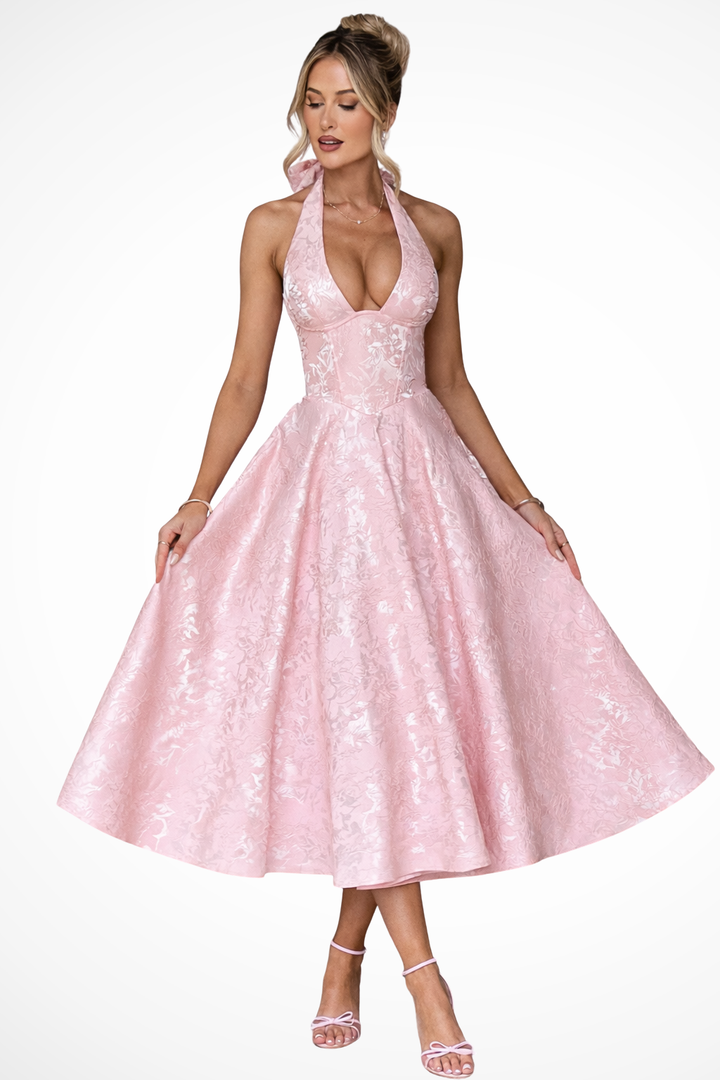 Elise Mode Halter Corset Midi Jurk in Pink