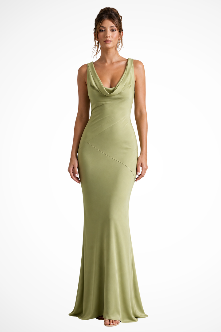 EliseMode Satijnen Cowl Maxi Jurk in Green