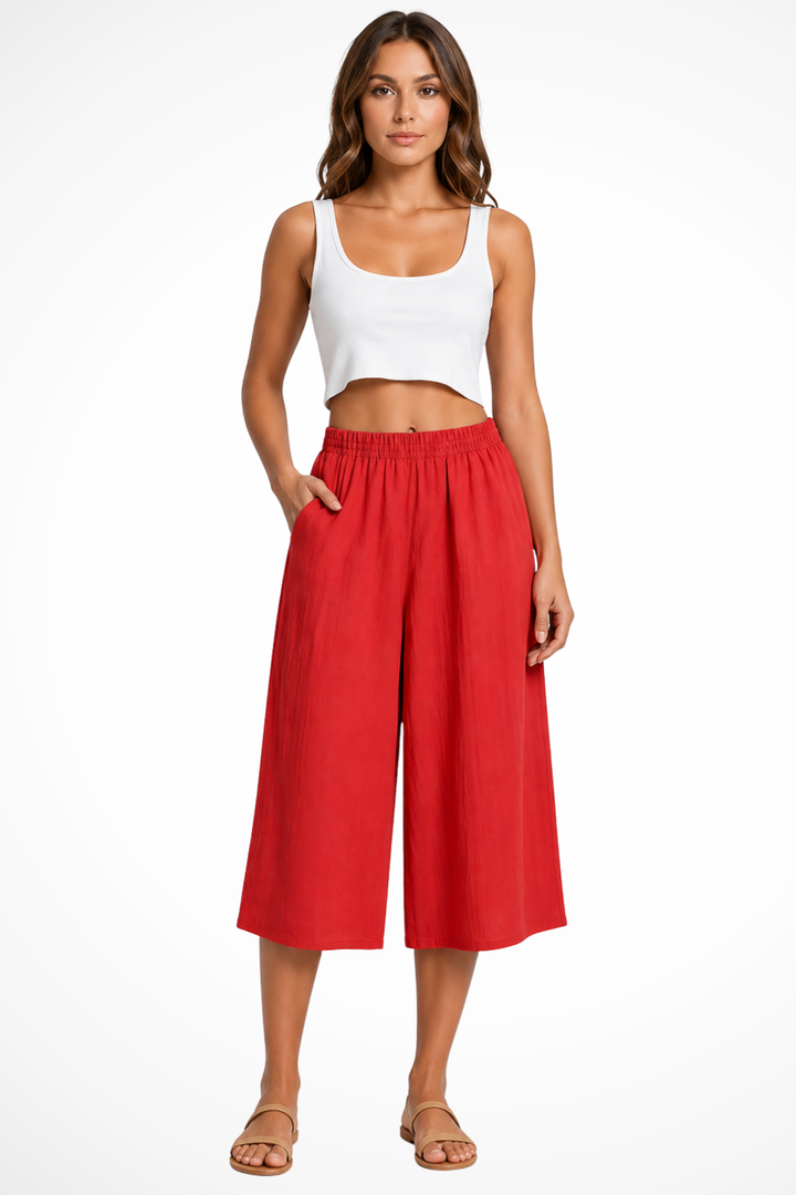 EliseMode Dames Wide Leg Broek Hoge Taille in Rood