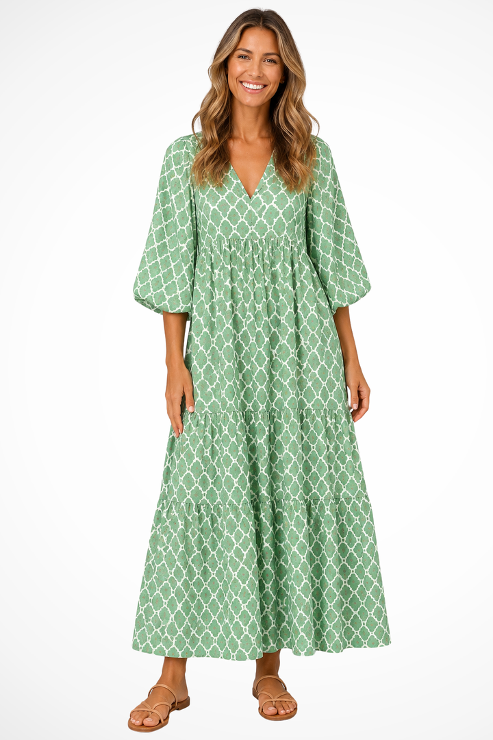 Elise Mode Dames Vloeiende Boho Maxi Jurk in Groen en Wit