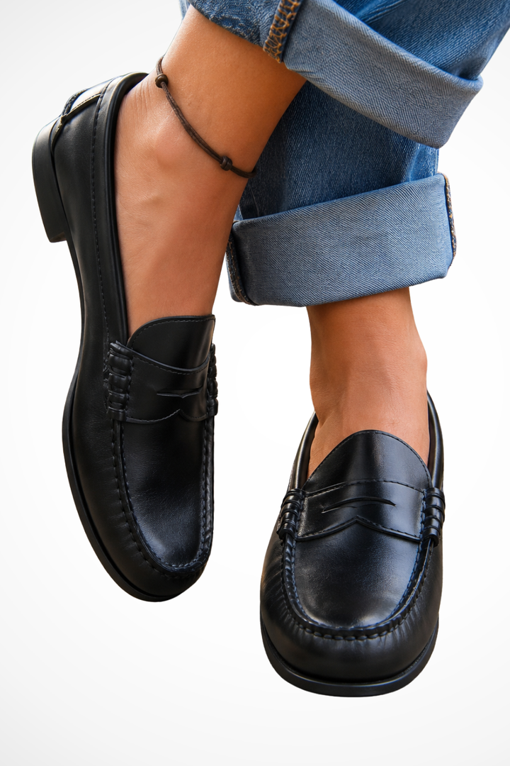 Elise Mode Dames Leren Penny Loafers Klassiek in Zwart