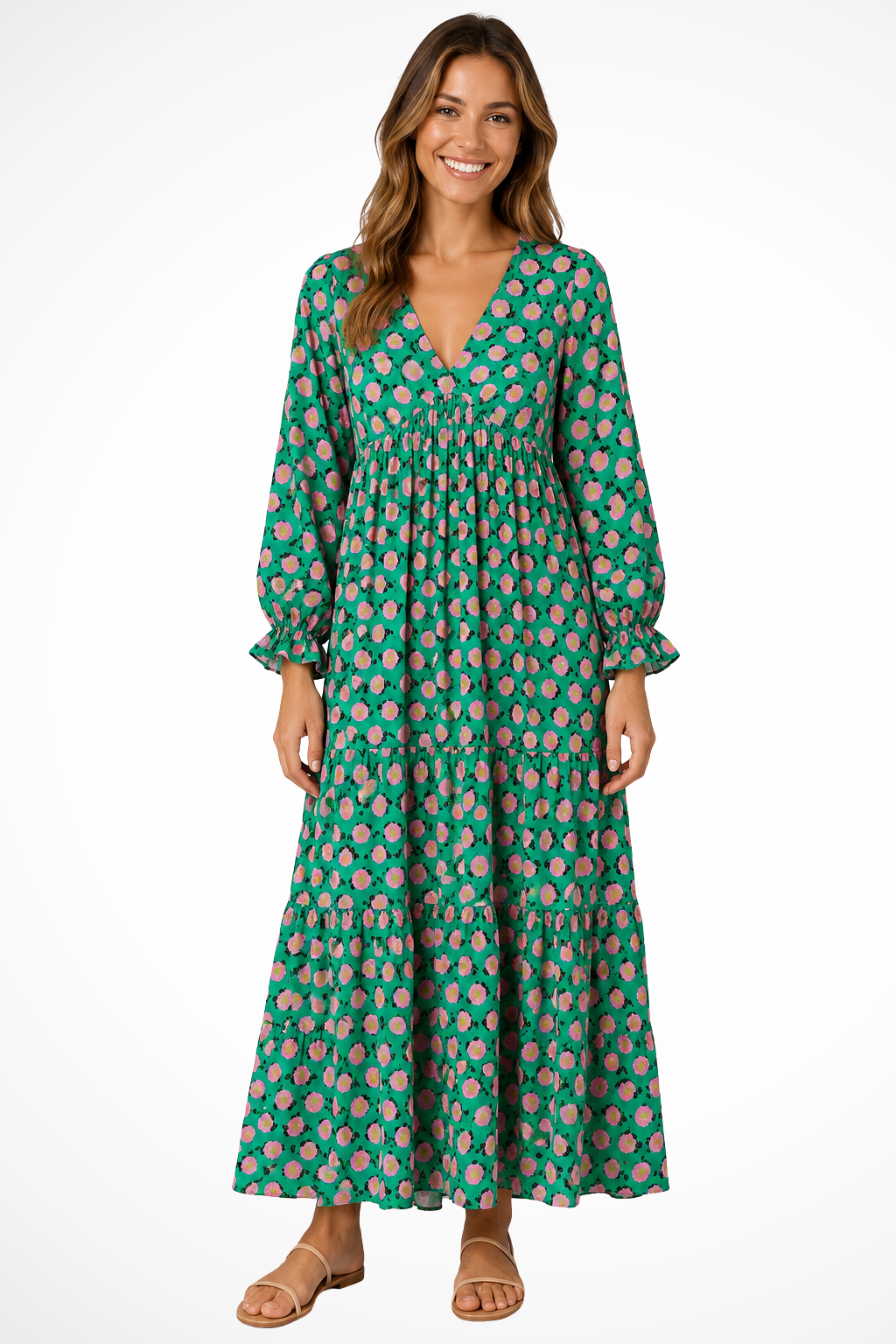 Elise Mode Dames Vloeiende Boho Maxi Jurk in Groen en Roze
