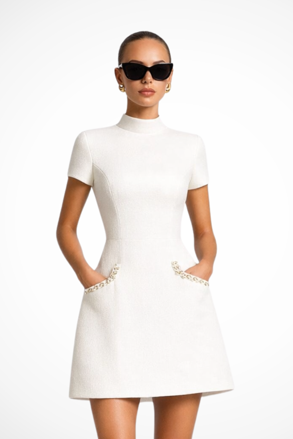 Elise Mode Parel Trim Mini Jurk in Wit