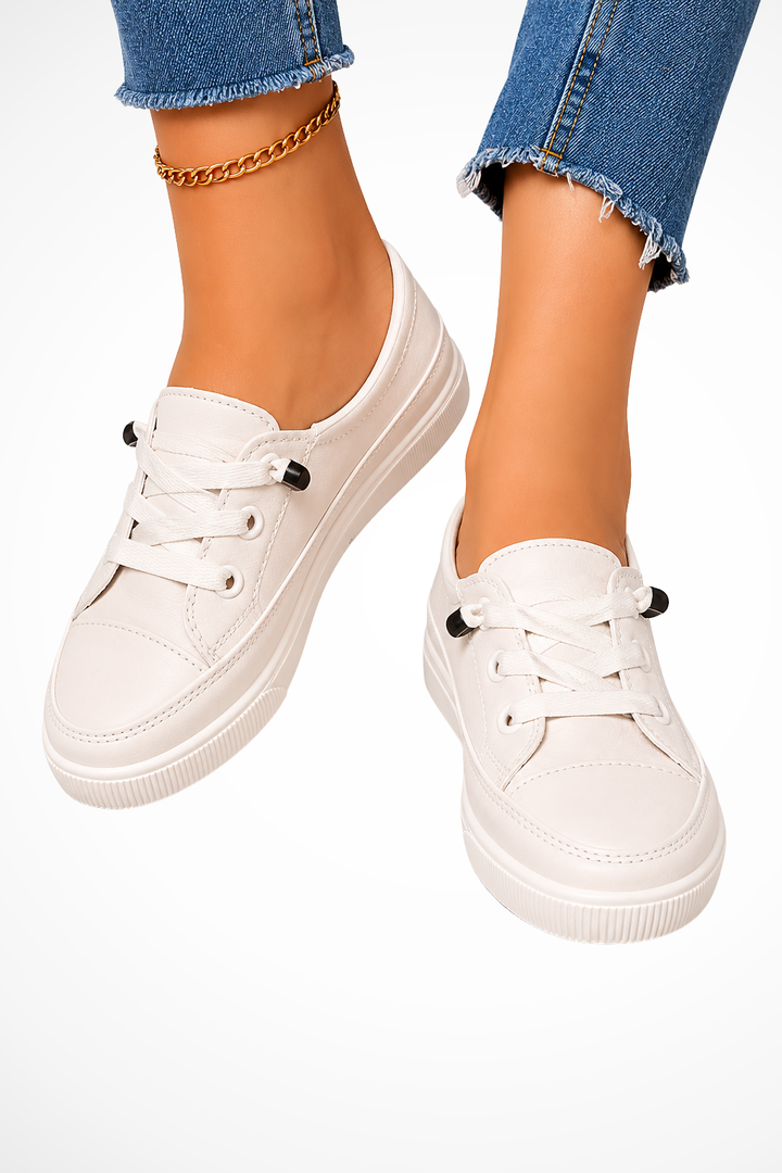 Elise Mode Dames Canvas Sneakers met Veters in Beige
