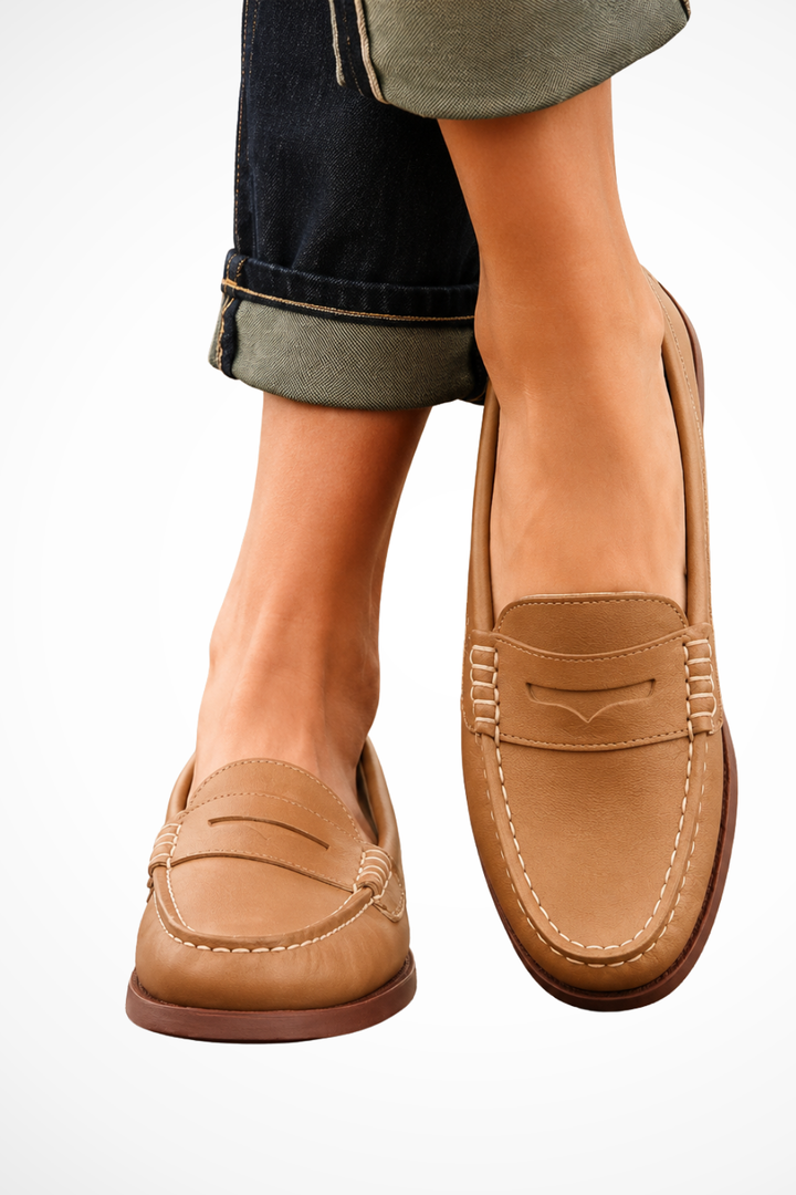 Elise Mode Dames Leren Penny Loafers Klassiek in Kaki