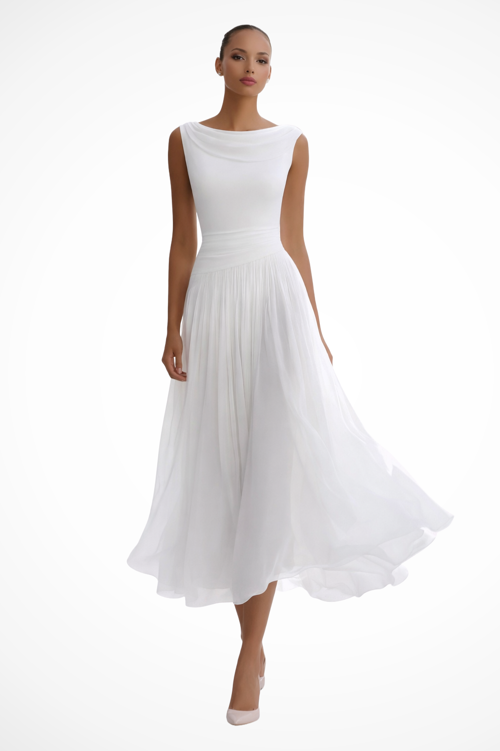 Elise Mode Geplooide Midi Jurk in White