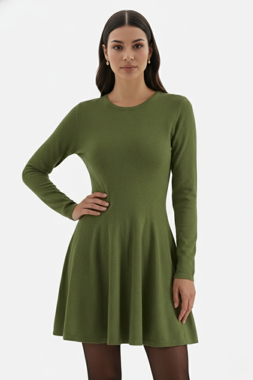 Elise Mode Dames Gebreide Skater Mini Jurk in Groen