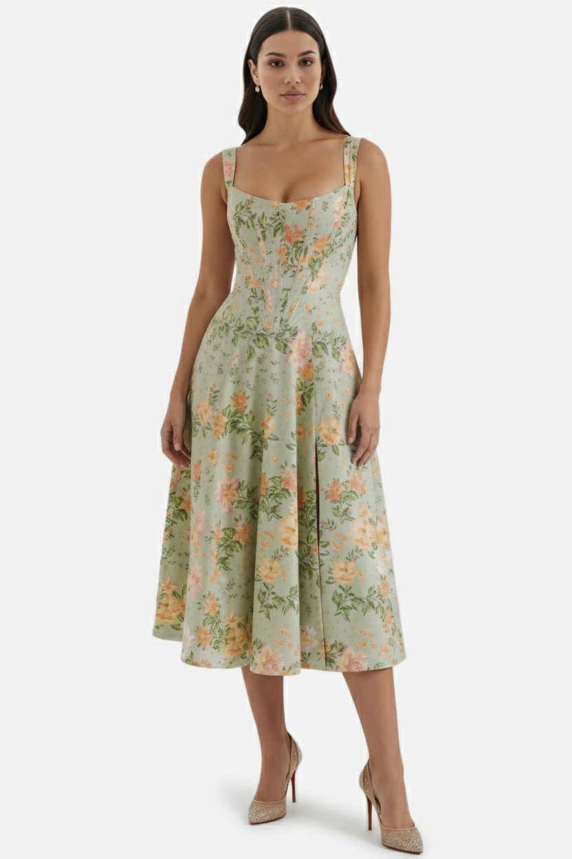 Elise Mode Dames Bloemen Midi Jurk Corset Zijsplit in Groen