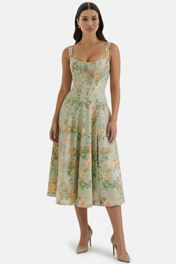 Elise Mode Dames Bloemen Midi Jurk Corset Zijsplit in Groen