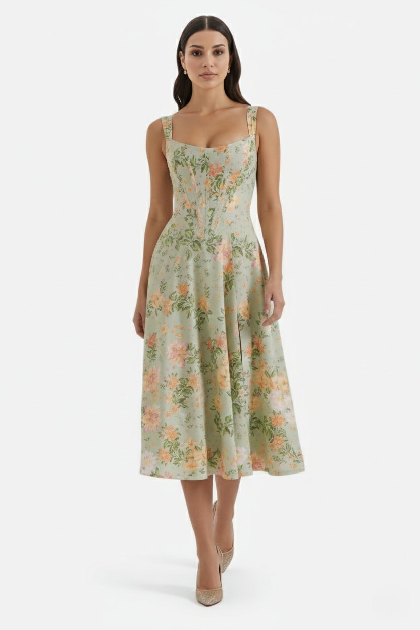 Elise Mode Dames Bloemen Midi Jurk Corset Zijsplit