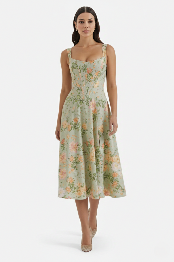 Elise Mode Dames Bloemen Midi Jurk Corset Zijsplit