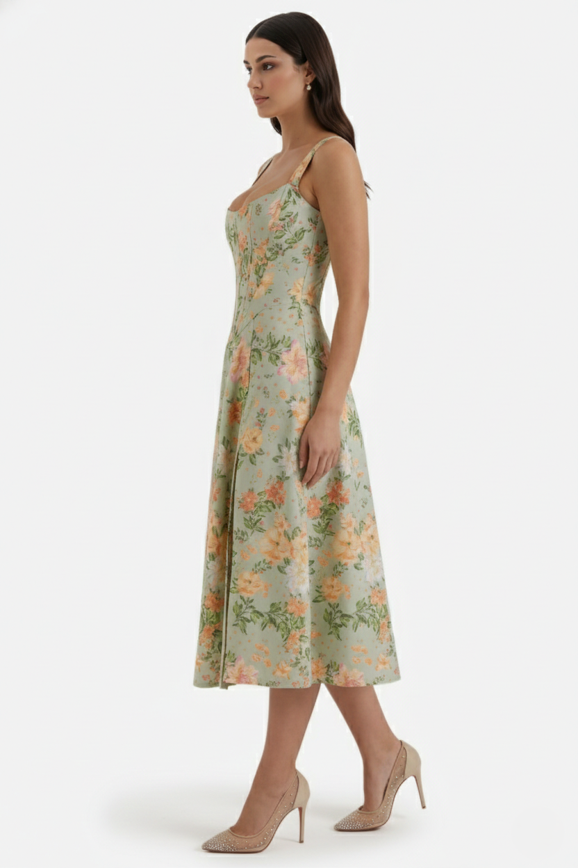 Elise Mode Dames Bloemen Midi Jurk Corset Zijsplit