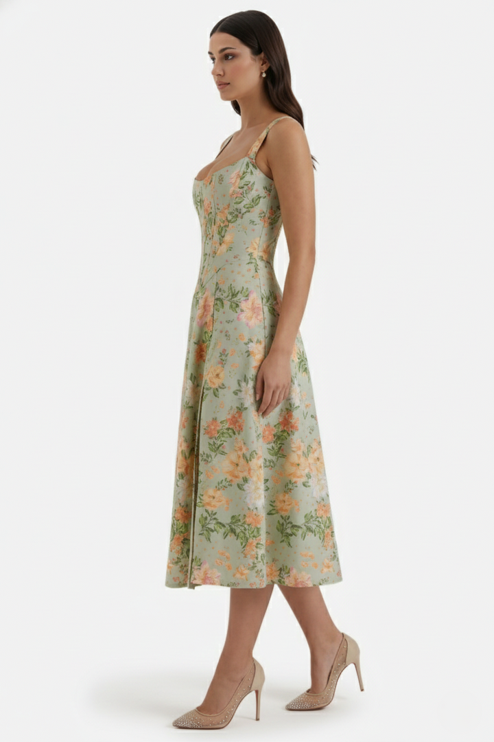 Elise Mode Dames Bloemen Midi Jurk Corset Zijsplit
