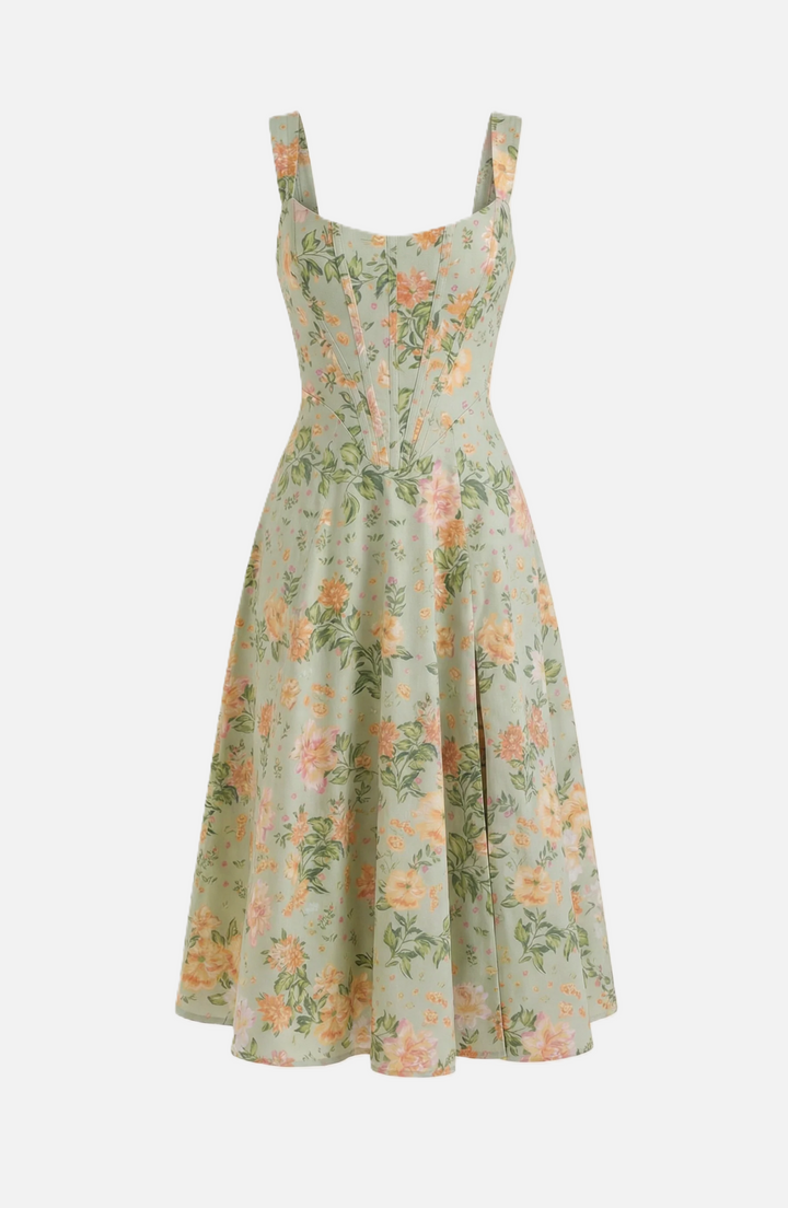 Elise Mode Dames Bloemen Midi Jurk Corset Zijsplit