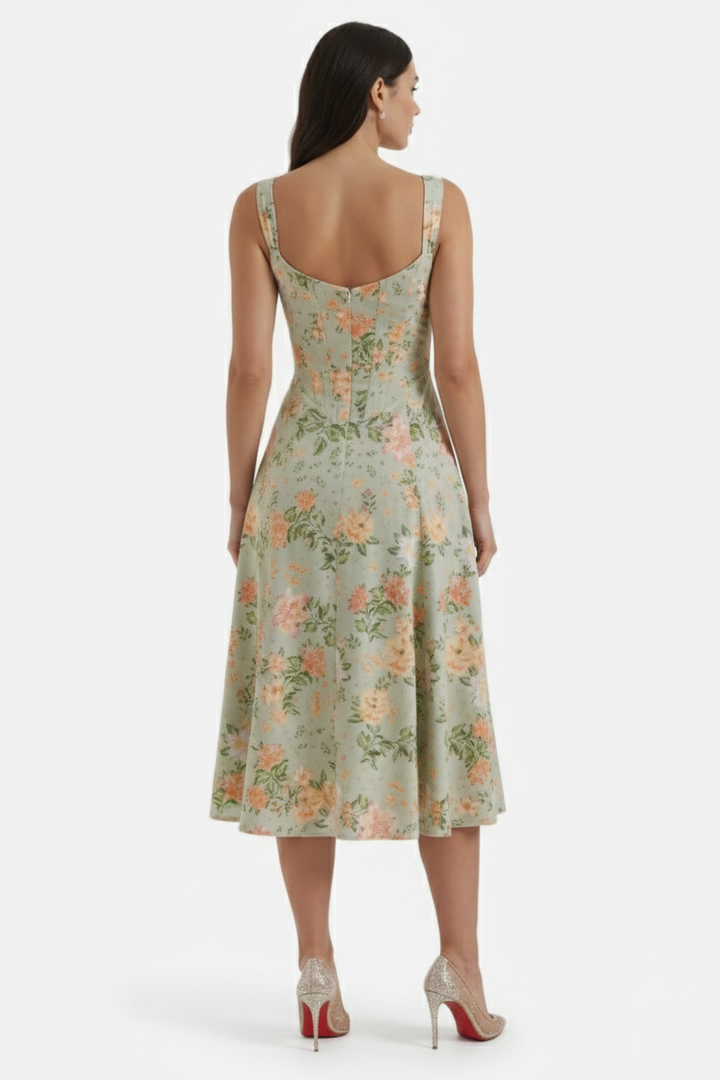 Elise Mode Dames Bloemen Midi Jurk Corset Zijsplit
