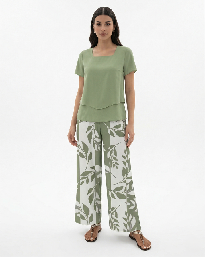 Elise Mode Dames Geprinte Set Relaxed Fit in Groen