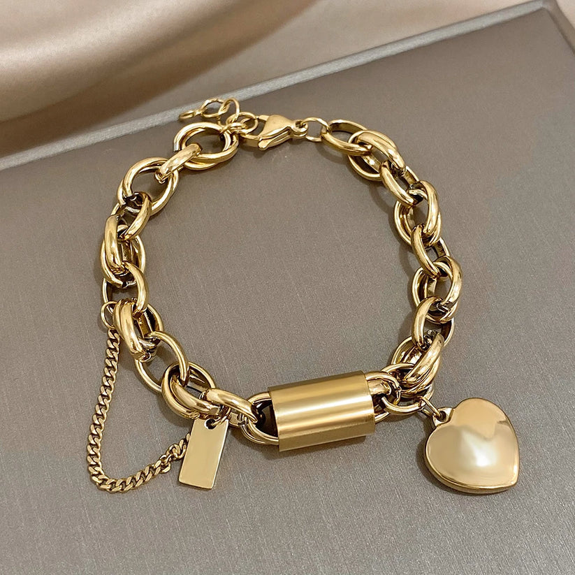 Elise Mode Dames Schakelarmband met Slot en Hartje in Goud