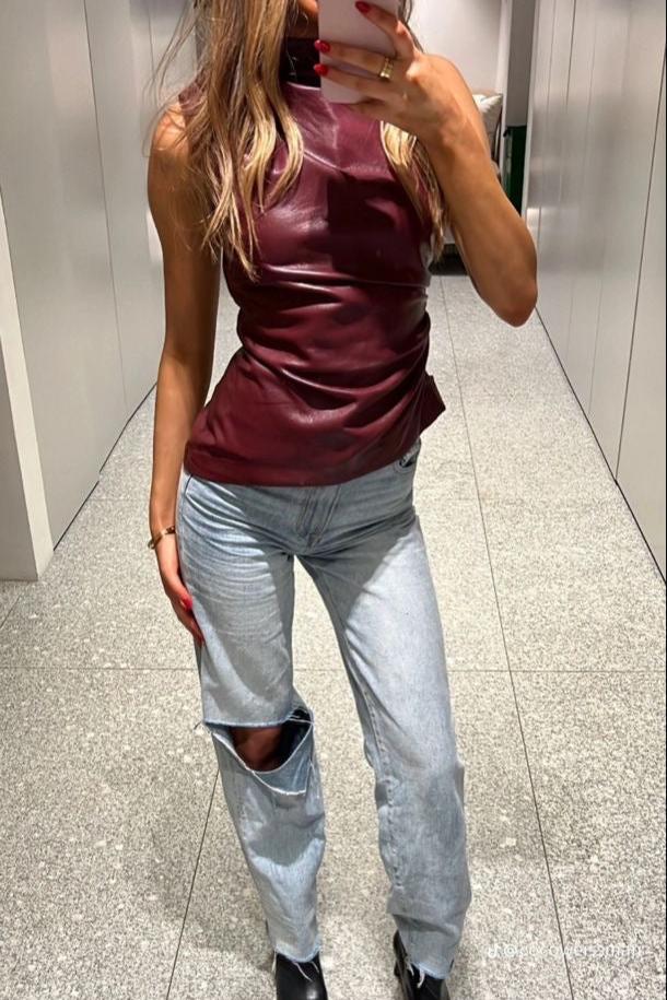 Elise Mode Dames Slim Leren-Look Top met Plooien