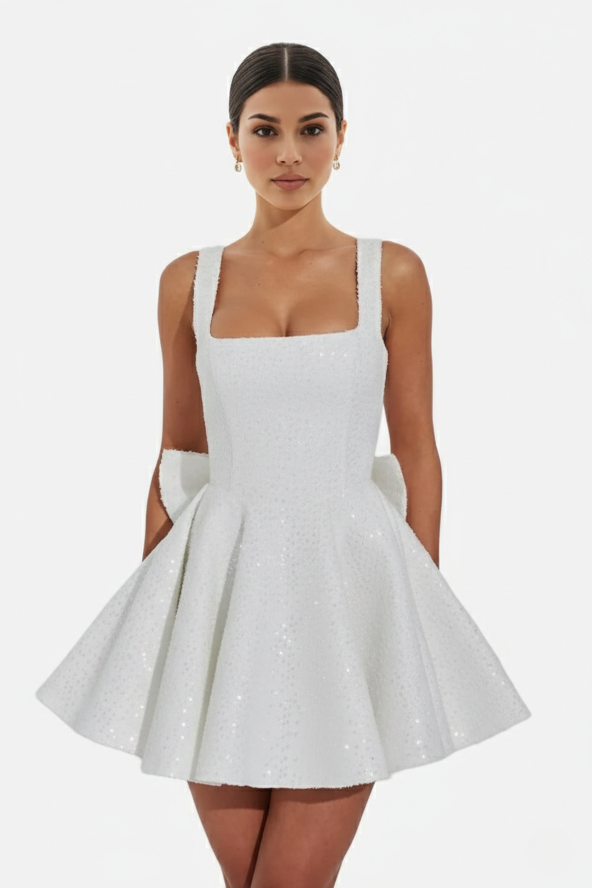 Elise Mode Pailletten Mini Jurk in Ivory
