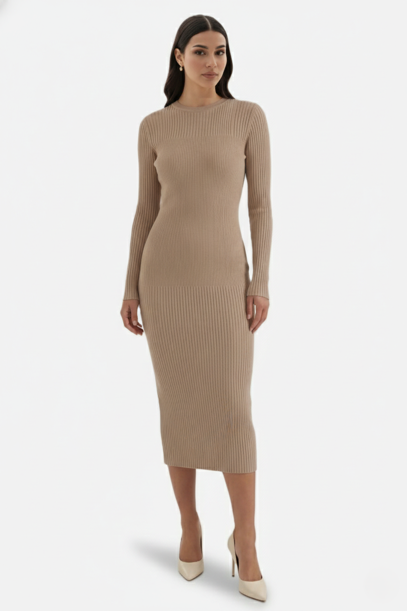 Elise Mode Dames Gebreide Bodycon Midi Jurk in Khaki