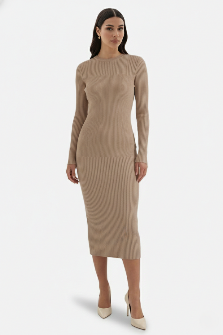 Elise Mode Dames Gebreide Bodycon Midi Jurk in Khaki