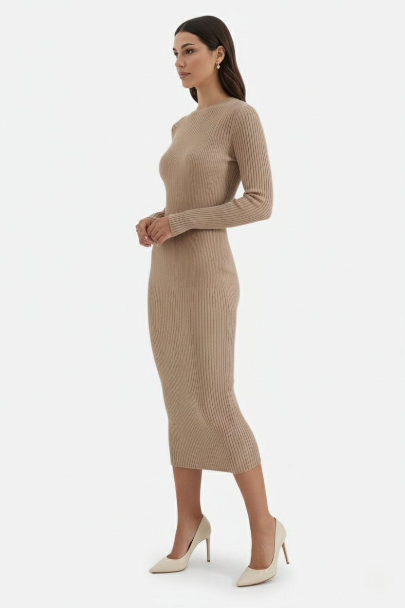 Elise Mode Dames Gebreide Bodycon Midi Jurk