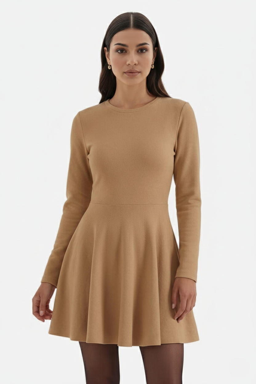 Elise Mode Dames Gebreide Skater Mini Jurk in Khaki