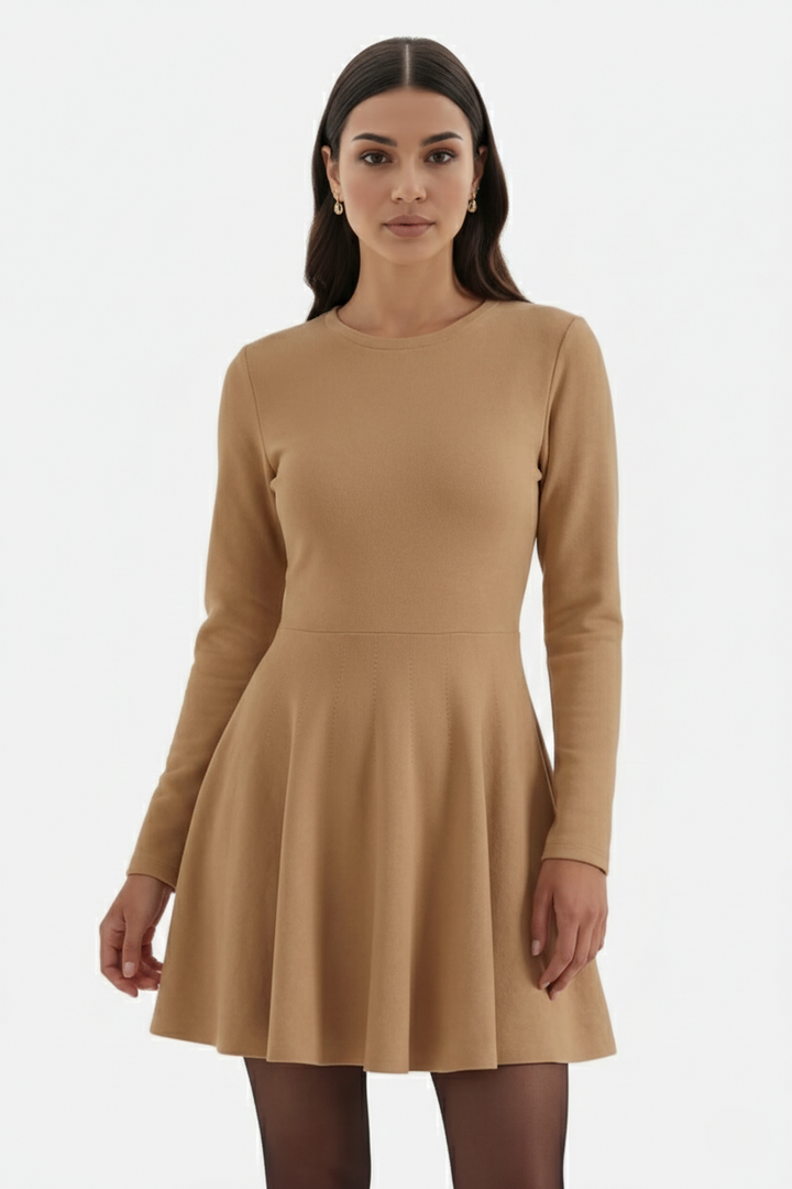 Elise Mode Dames Gebreide Skater Mini Jurk in Khaki