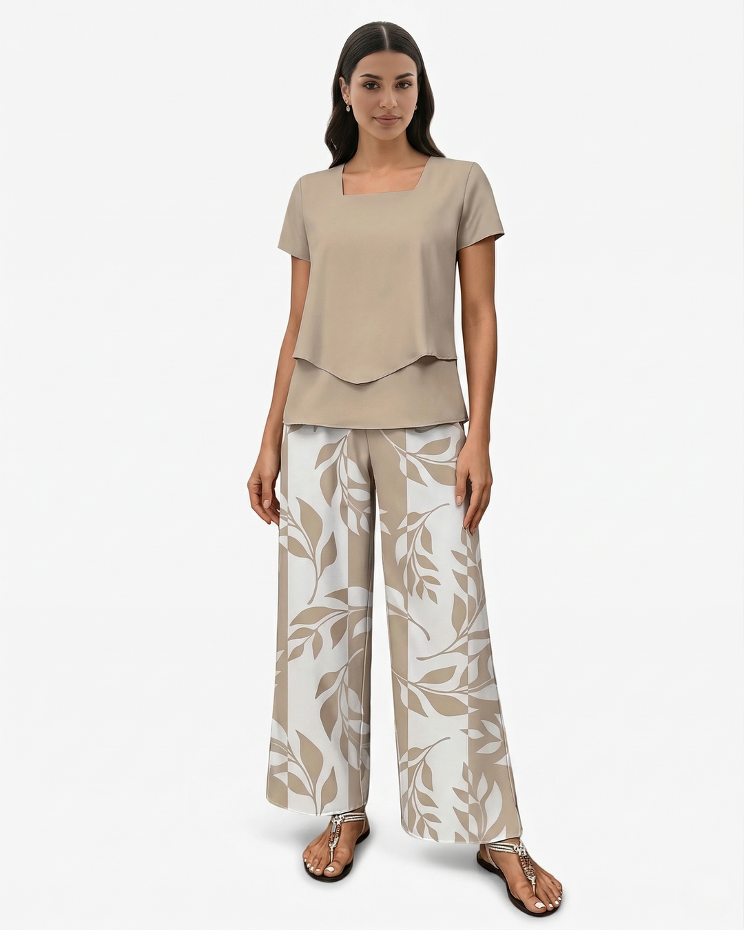 Elise Mode Dames Geprinte Set Relaxed Fit in Khaki
