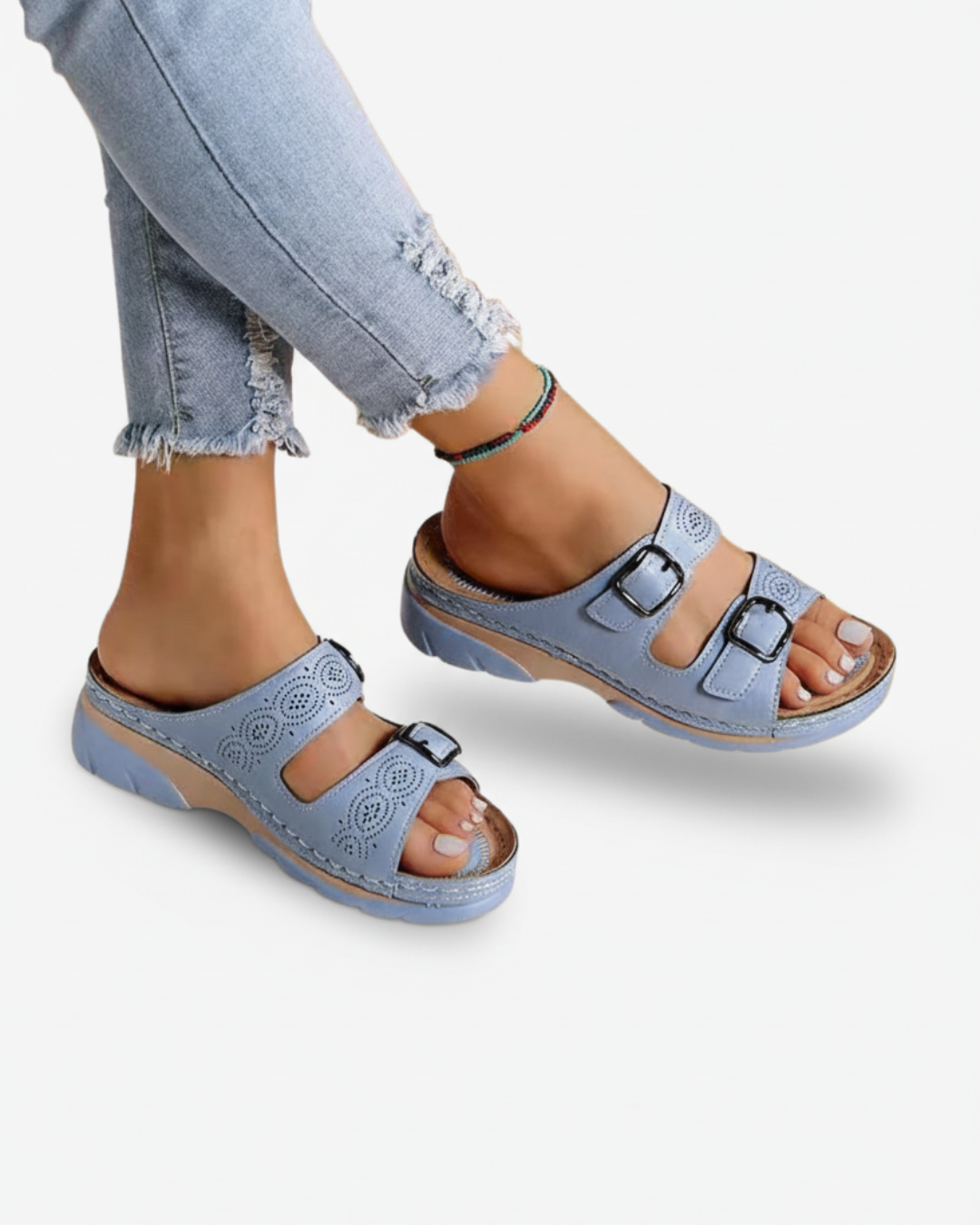 EliseMode Dames Lage Sleehak Slippers Dubbele Gesp in Lichtblauw