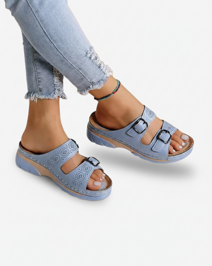 EliseMode Dames Lage Sleehak Slippers Dubbele Gesp in Lichtblauw